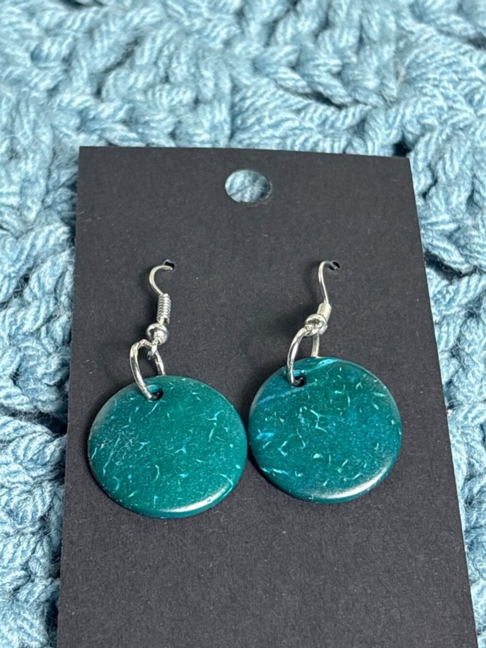 Green Wooden Circle Dangle Earrings Silvertone Hooks 0.75 inch